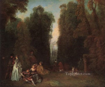 three women at the table by the lamp Painting - ViewThrough the Trees in the Park of Pierre Crozat Jean Antoine Watteau